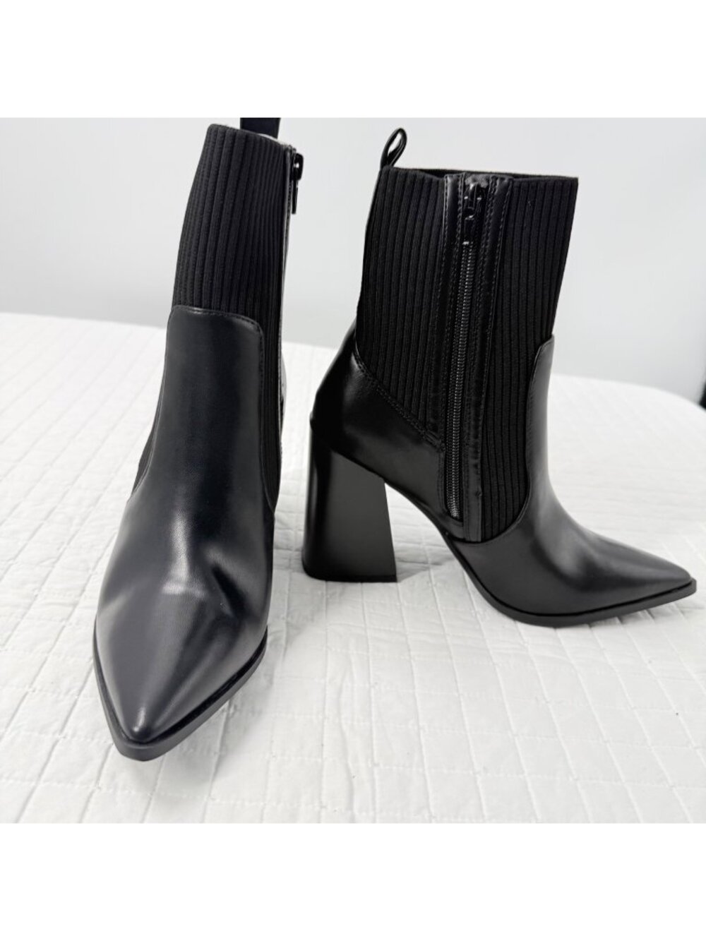 NWOB, Faux Leather Pointed Toe Ankle Boots With Stretch Textile, 7.5